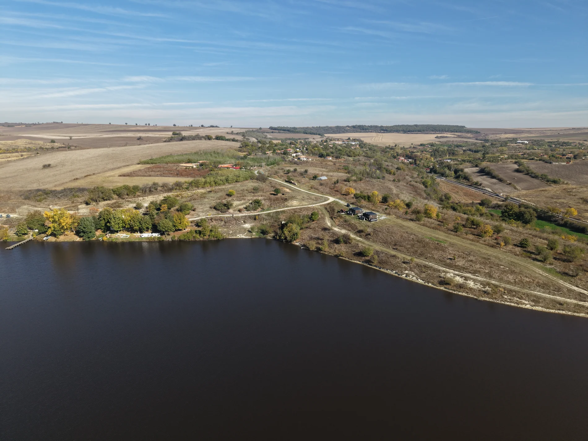 Aerial overview of the lake and surrounding land