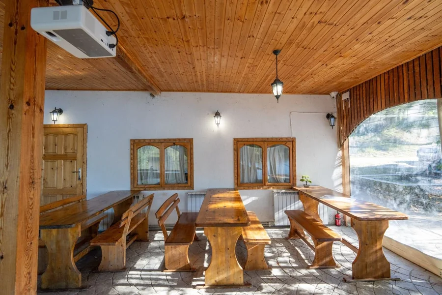 Dining tables in the small on-site restaurant